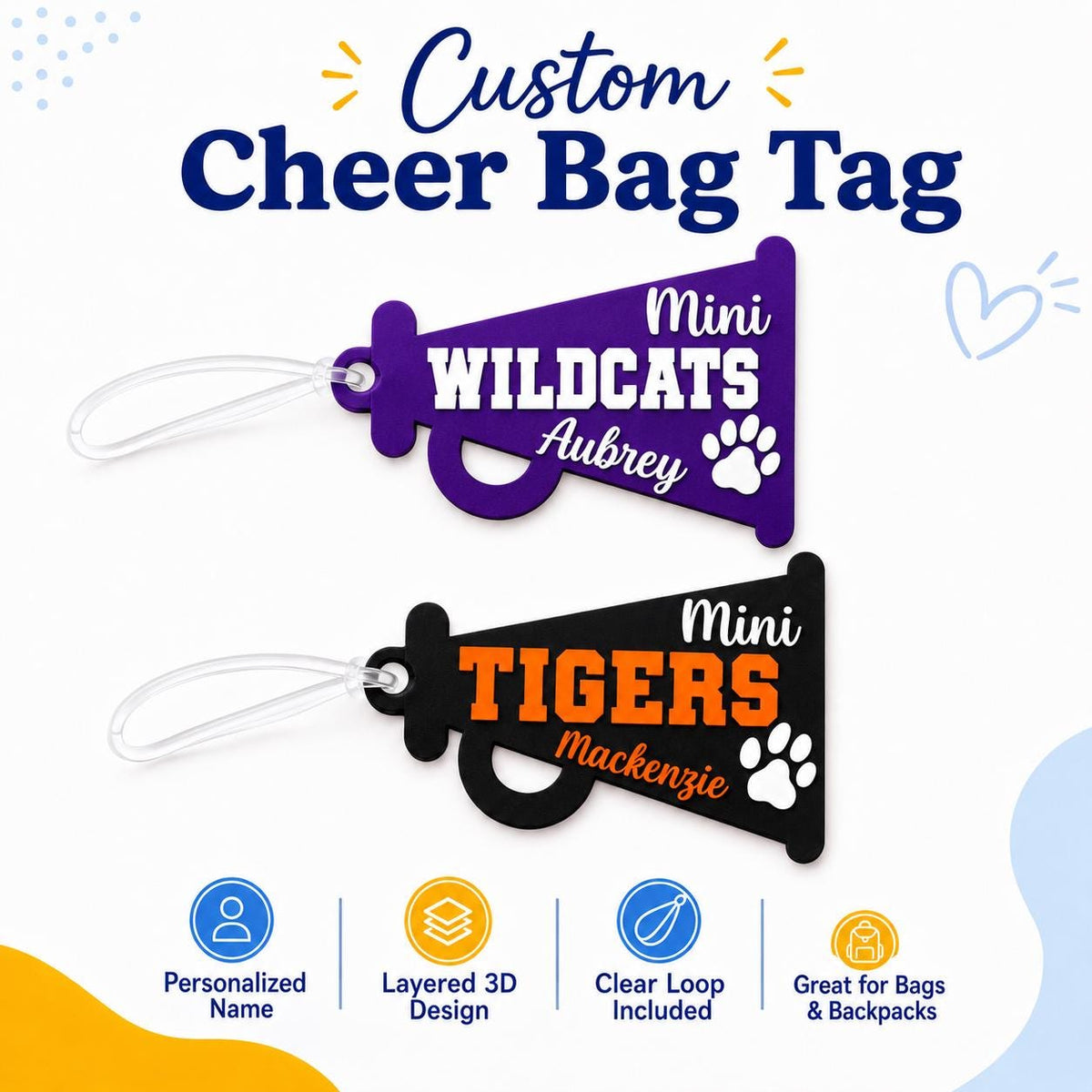 Personalized Megaphone Cheer Bag Tag, Custom Name and Team Colors