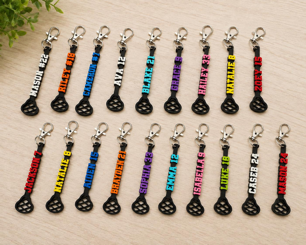 Personalized Lacrosse Stick Keychain, Custom Player Name, Number and Team Colors