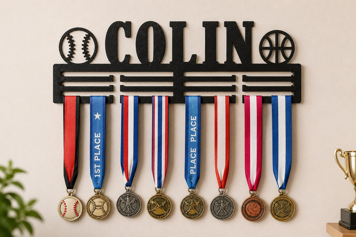 Personalized Sports Medal Hanger, Custom Name and Icons, 12.5 Inch